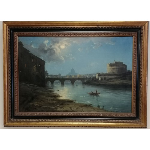 62 - Antique framed oil painting of Rome in the moonlight looking up the River Tiber & signed indistinctl... 