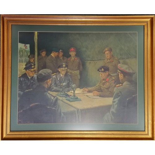 64 - Terence Cuneo print of Field Marshall Montgomery signing the peace treaty. frame size 84cm x 69cm