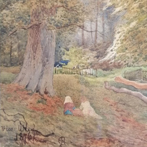 67 - Framed 1876 watercolour painting of Vicar Wood with children in the foreground, signed with artists ... 