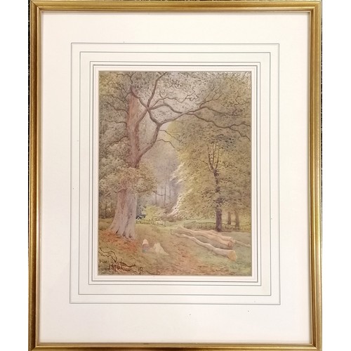 67 - Framed 1876 watercolour painting of Vicar Wood with children in the foreground, signed with artists ... 