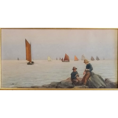 72 - Pair of framed watercolour paintings of boys fishing with sailing boats to the background - frame 28... 