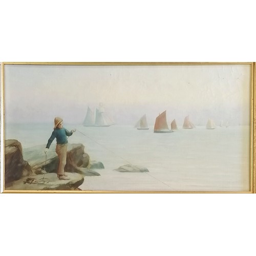 72 - Pair of framed watercolour paintings of boys fishing with sailing boats to the background - frame 28... 