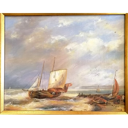 74 - Framed oil painting of a fishing boat - frame 29cm x 34cm