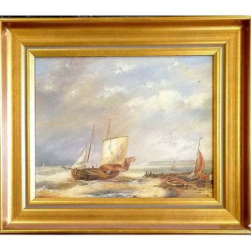 74 - Framed oil painting of a fishing boat - frame 29cm x 34cm