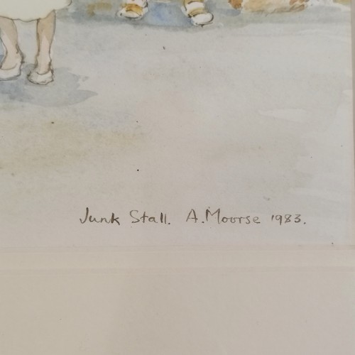 75 - Framed 1983 original pen & watercolour painting of a junk stall by Anne Moorse - 46cm x 66cm