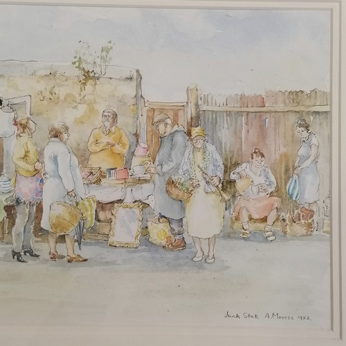 75 - Framed 1983 original pen & watercolour painting of a junk stall by Anne Moorse - 46cm x 66cm