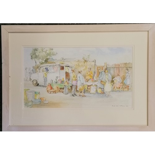 75 - Framed 1983 original pen & watercolour painting of a junk stall by Anne Moorse - 46cm x 66cm