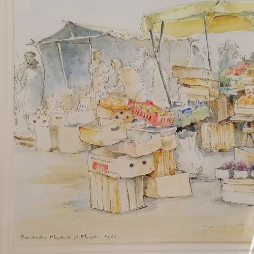 76 - Framed 1983 original pen & watercolour painting of Dorchester market by Anne Moorse - 46cm x 66cm