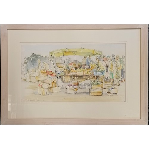 76 - Framed 1983 original pen & watercolour painting of Dorchester market by Anne Moorse - 46cm x 66cm