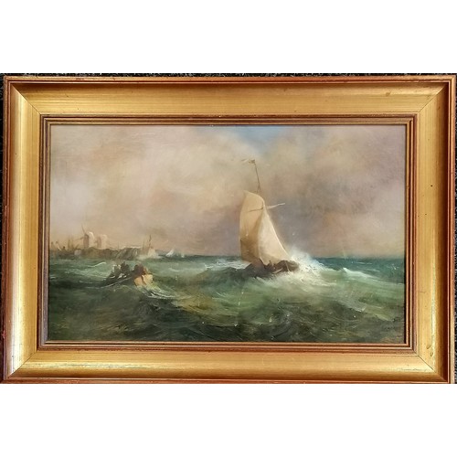 77 - Framed oil painting on board of a ship in a rough sea off Holland (?) coast - frame 34cm x 49cm