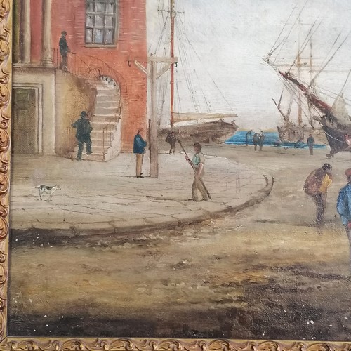 82 - Framed antique painting of a tall masted ship in a port - frame 61cm x 57cm ~ has some restoration