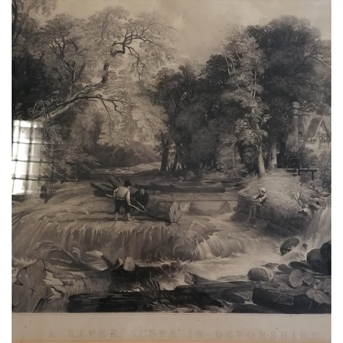 83 - Framed mezzotint engraving of a river scene in Devonshire by David Lucas (1802-81) after Frederick R... 