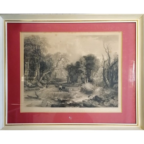 83 - Framed mezzotint engraving of a river scene in Devonshire by David Lucas (1802-81) after Frederick R... 