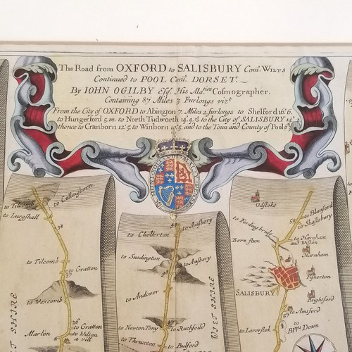 87 - Framed antique road map from Oxford to Salisbury continued to Poole Dorset by John Ogilby (1600-76) ... 