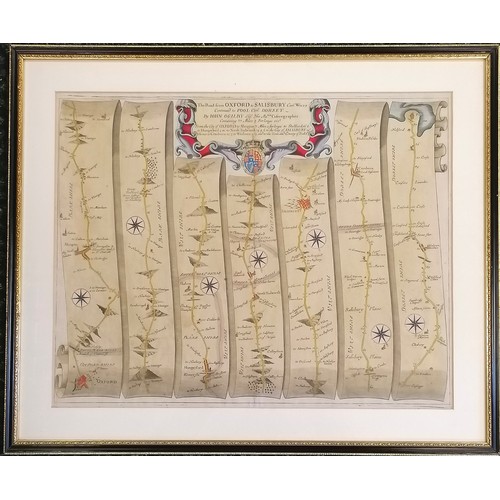 87 - Framed antique road map from Oxford to Salisbury continued to Poole Dorset by John Ogilby (1600-76) ... 