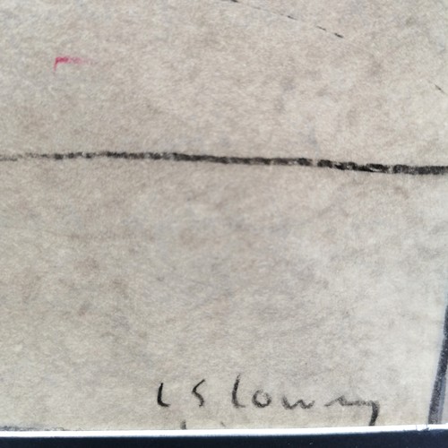 90 - Mounted pencil sketch on paper bearing the signature of L S Lowry of a man walking past railings (an... 