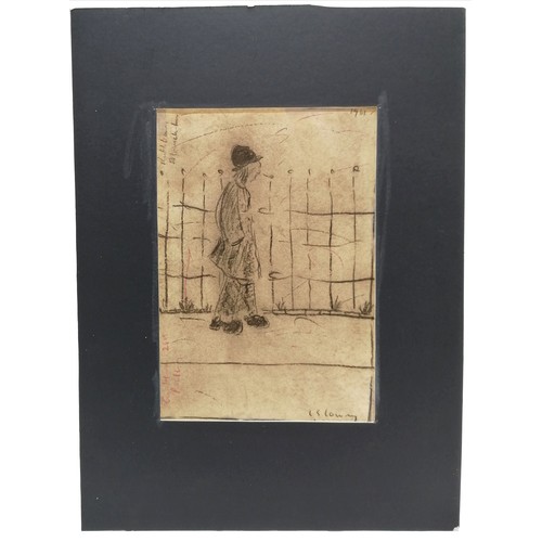 90 - Mounted pencil sketch on paper bearing the signature of L S Lowry of a man walking past railings (an... 