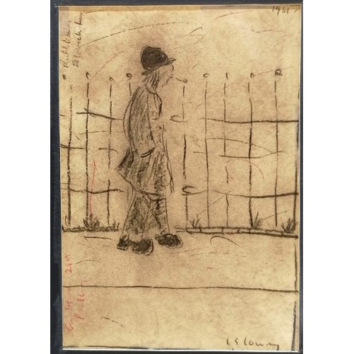 90 - Mounted pencil sketch on paper bearing the signature of L S Lowry of a man walking past railings (an... 