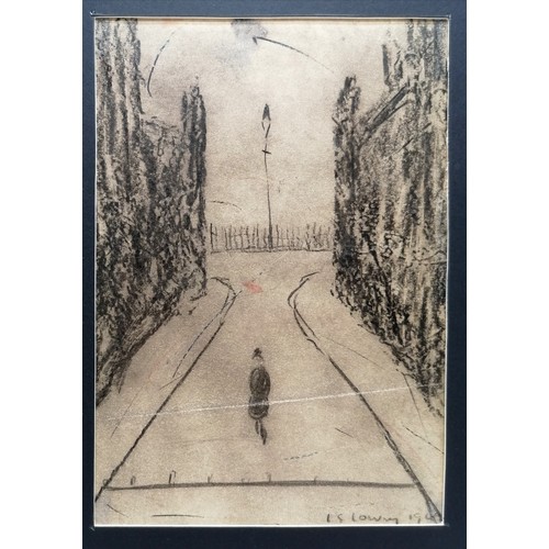 91 - Mounted pencil sketch on paper bearing the signature of L S Lowry of a woman walking down a street (... 