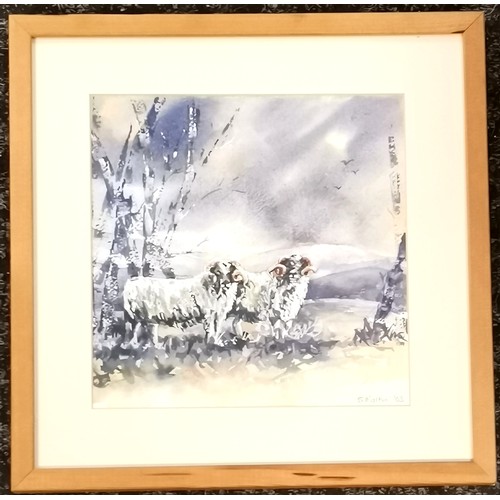 92 - Framed watercolour of sheep signed S Martin 03- frame size 33cm x 33cm