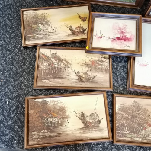 97 - Set of 4 Oriental oil on canvas, shipping scenes, t/w 4 other oriental oil on canvas landscapes. 1 c... 