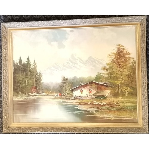 102 - Framed oil on canvas Swiss chalet scene with snow covered mountains in the distance, indistinct sign... 