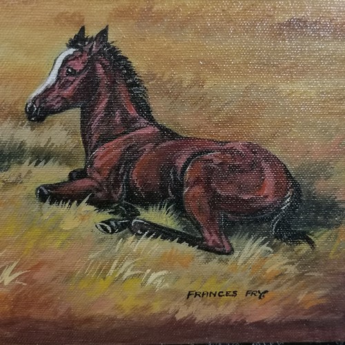 103 - Oil painting on board of 6 horses by Frances Fry - 40cm x 76cm