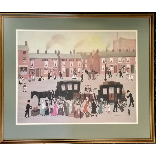 111 - Framed Helen Bradley print of a street scene with 2 horse drawn carriages, , frame  64cm x 76cm