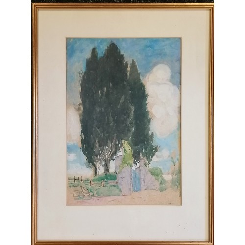 114 - Framed watercolour sketch of cypress trees in a gateway signed John Duncan - frame 38cm x 50cm