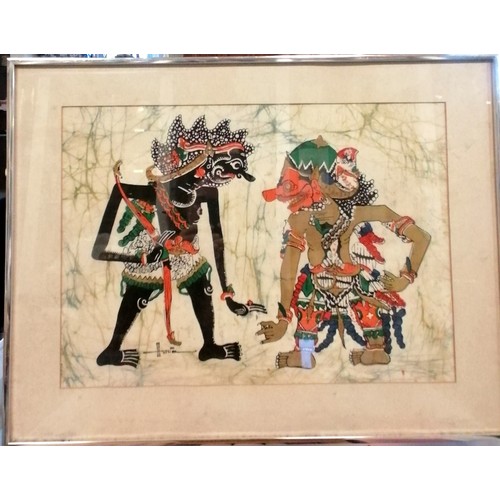 126 - Framed print on silk of Javanese wayang type figures signed Hussien - 51.5cm x 66.5cm ~ slight a/f t... 