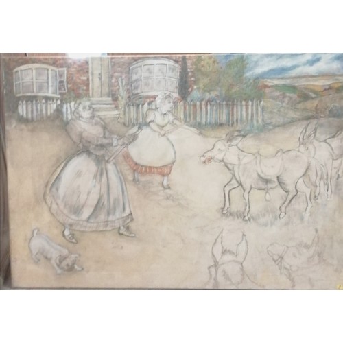 128 - Large unframed oil on canvas painting of 2 angry ladies with donkeys - 71cm x 101cm