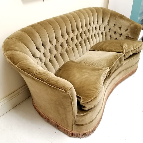 135 - Curved button back sofa and armchair upholstered in brown, with feather loose seat cushions. chair 7... 