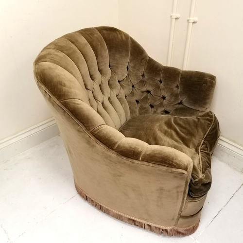 135 - Curved button back sofa and armchair upholstered in brown, with feather loose seat cushions. chair 7... 