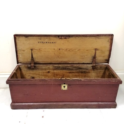 137 - Antique pine chest with original paint finish 90cm x 31cm x 30cm high. In good used condition.