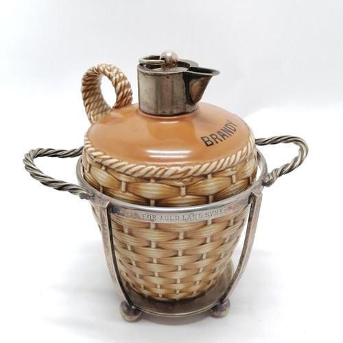 150 - Antique Brandy flagon with silver plated collar and bung in a silver plated basket by MW & S with 'F... 