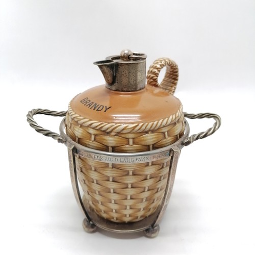 150 - Antique Brandy flagon with silver plated collar and bung in a silver plated basket by MW & S with 'F... 