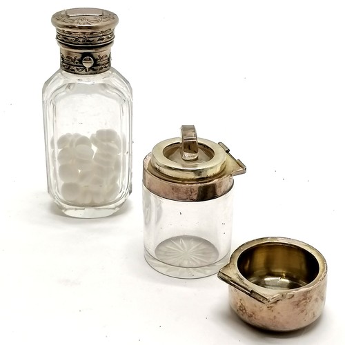 163 - Antique unmarked silver topped pill bottle 10cm high T/W a silver hallmarked topped jar A/F