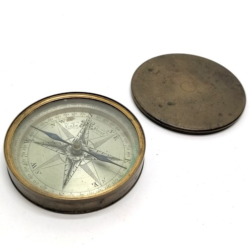 167 - Antique silvered dial brass cased compass Cole Fecit 8.5cm diameter