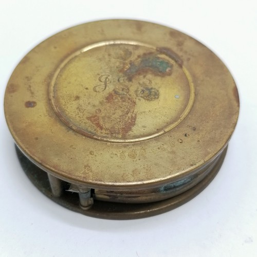 168 - Antique brass cased circular magnifier 7cm diameter initials to one side of case