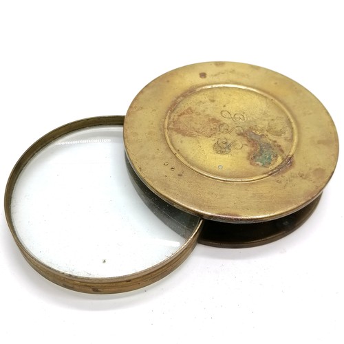 168 - Antique brass cased circular magnifier 7cm diameter initials to one side of case