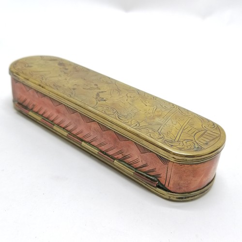 169 - Antique Dutch copper and tobacco box etched scenes to the top and base and an inscription to the bod... 