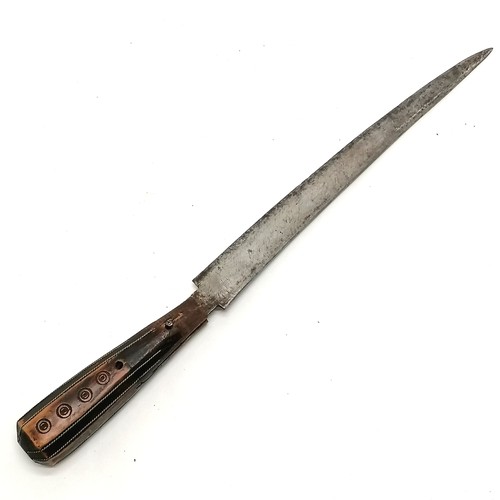 173 - Antique Scandinavian knife with metal inlay to the handle and etched detail to the blade 31cm long