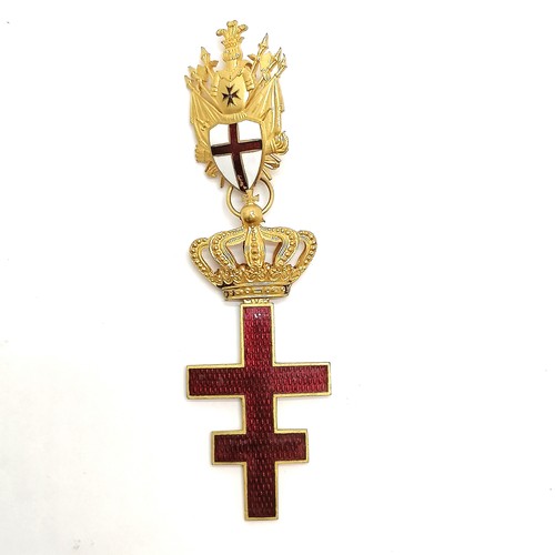 184 - Antique gilt metal and red enamel cross with suspender set with a red and white shield and black Mal... 