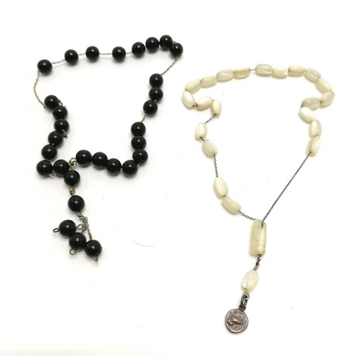 186 - 2 x antique strands of prayer beads - 1 black beads (20cm long) other mother-of-pearl