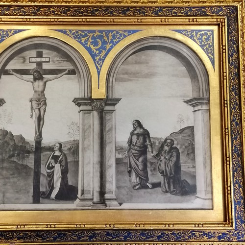 197 - Antique religious triptych style depiction of Christ on a cross in a blue & gilt Florentine rectangu... 