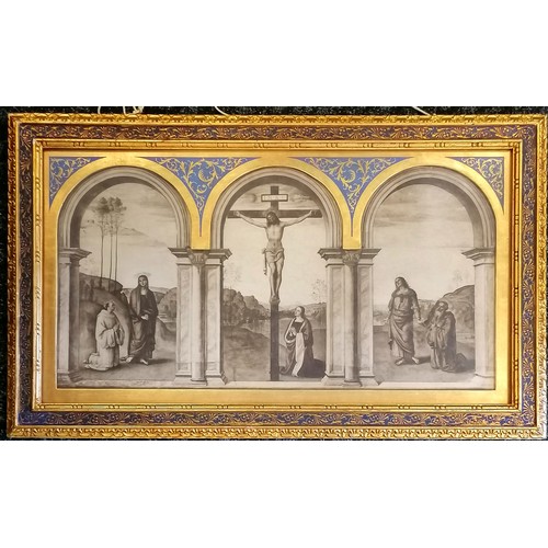 197 - Antique religious triptych style depiction of Christ on a cross in a blue & gilt Florentine rectangu... 