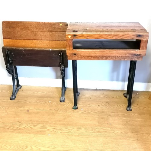 198 - Antique elm school desk (78cm high) + folding seat from Sherborne school