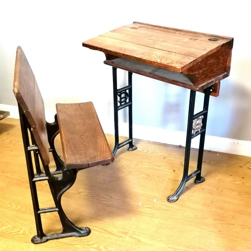 198 - Antique elm school desk (78cm high) + folding seat from Sherborne school