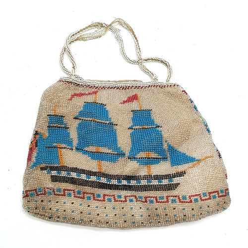 203 - 2 x RARE antique beadwork purses / bags depicting tall masted ships & steam paddle ship with Union J... 