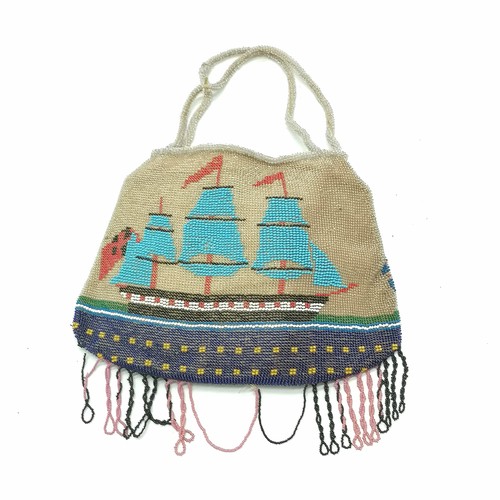 203 - 2 x RARE antique beadwork purses / bags depicting tall masted ships & steam paddle ship with Union J... 